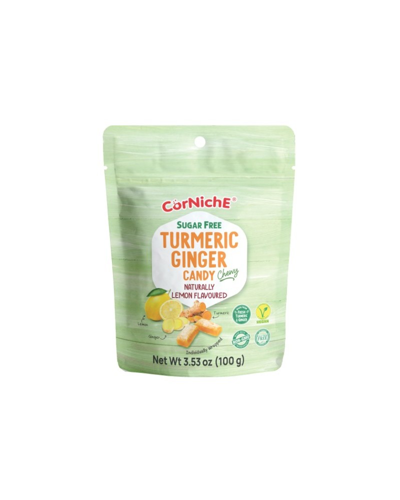 Corniche Caramelo Masticable Sin Azucar de Cúrcuma y Jengibre Sabor Limón 100gr