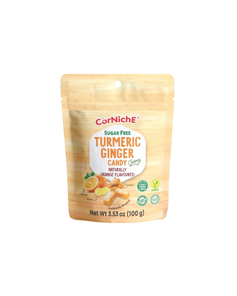 Corniche Caramelo Masticable Sin Azucar de Cúrcuma y Jengibre Sabor Naranja 100gr