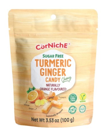 Corniche Caramelo Masticable Sin Azucar de Cúrcuma y Jengibre Sabor Naranja 100gr