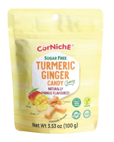 Corniche Caramelo Masticable Sin Azucar de Cúrcuma y Jengibre Sabor Mango 100gr