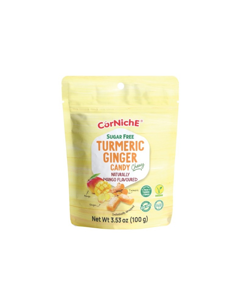 Corniche Caramelo Masticable Sin Azucar de Cúrcuma y Jengibre Sabor Mango 100gr