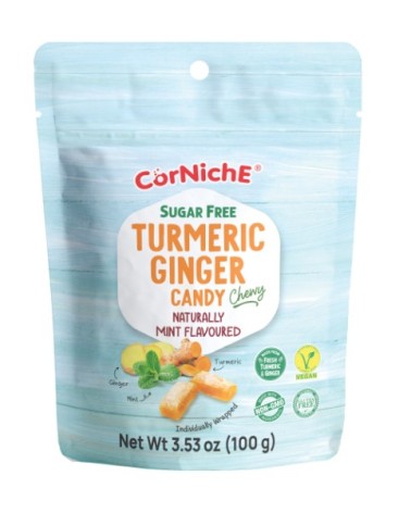 Corniche Caramelo Masticable Sin Azucar de Cúrcuma y Jengibre Sabor Menta 100gr