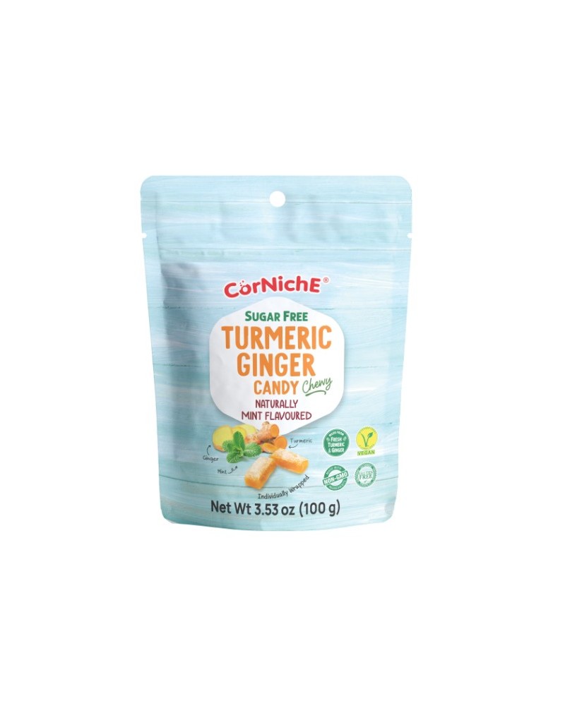 Corniche Caramelo Masticable Sin Azucar de Cúrcuma y Jengibre Sabor Menta 100gr